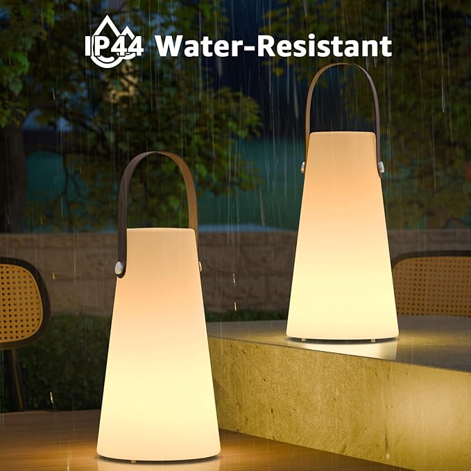 2 Pack Outdoor Lanterns, GGII Rechargeable Camping Lantern with IP44 Waterproof, Battery Operated Outdoor Portable Cordless Table Lamp with RGB Lights for Patio Terrace Balcony Garden (Leather Handle)
