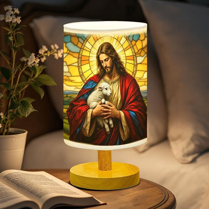 Jesus and The Lamb Table Lamp LED 3-Color Pressed Bedside, Jesus and The Lamb Shade Lamp with Wood Base for Bedroom Living Room Desk Office TL01