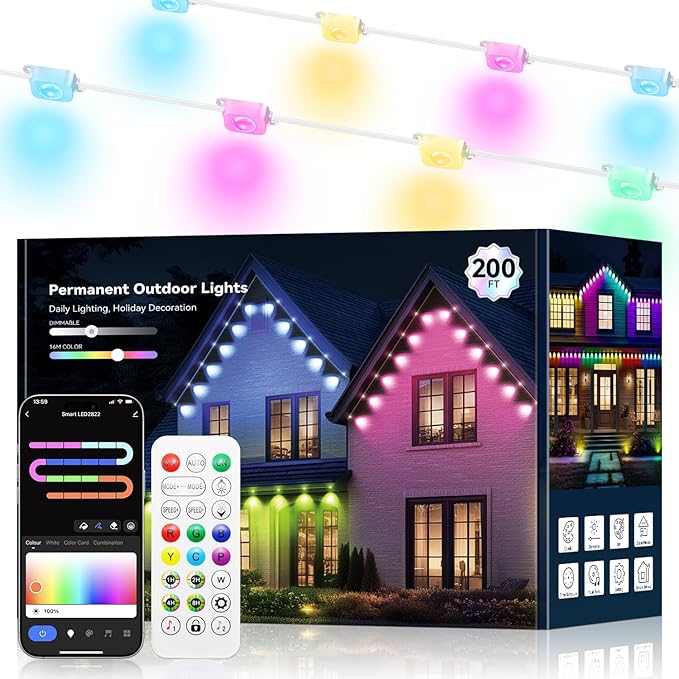 200FT Permanent Outdoor Lights for House -Eaves Lights with 100 IC+RGBCW LED IP67 Waterproof, Smart Outside LED Christmas Light with App/Remote, Eternity Lighting for Holiday/Daily