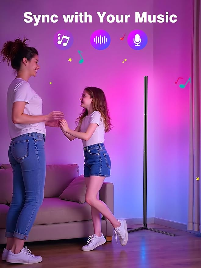 Corner Floor Lamp, Modern LED Corner Lamp with AC Adapter & APP & Remote Control, 16 Million Colors, 68+ Scene Modes, Music Sync, Ambient Lighting for Living Room, Bedroom, and Gaming Room