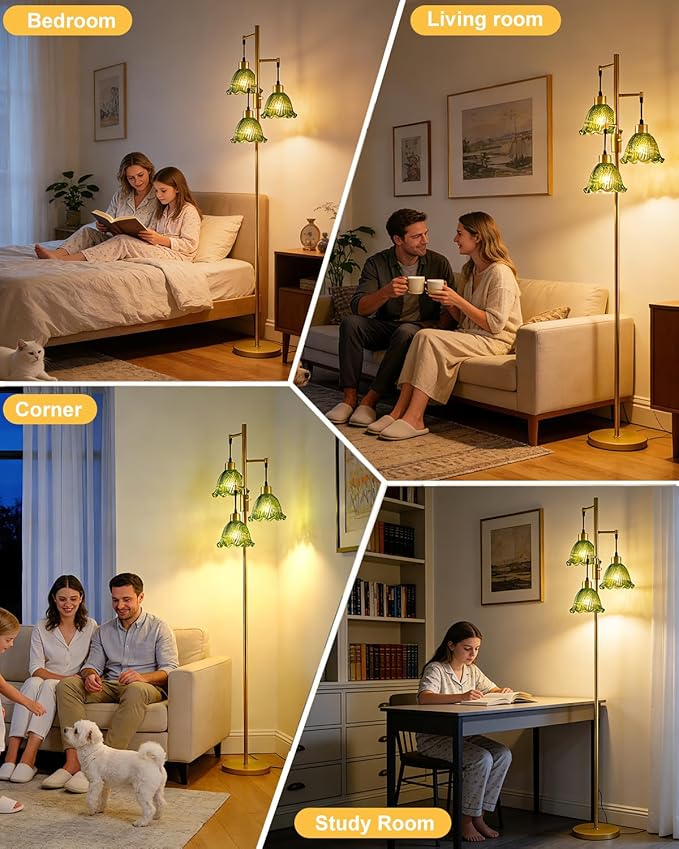 Glass Floor Lamps for Living Room, 3-Light Gold Dimmable Floor Lamp with Green Glass Shade& Bulbs Included, Mid Century Standing Tall Lamp for Bedroom/Sofa Beside/Corner Decor