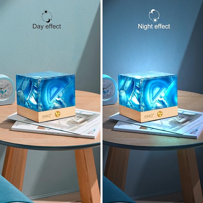 SMQ Blue Agate Crystal Night Light Handmade Polished Healing Crystal Stones Gemstone Square Touch Nightlight Lamp with USB Charging Port for Living Room,Shelf,Office Decor