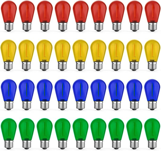 36 Pack LED S14 Colored Light Bulbs for Outdoor String Lights, Shatterproof 1W Replacement Bulbs for Party Lights, 2200K Warm White, Dimmable, E26 Base, Multi-Color: Red/Green/Blue/Orange