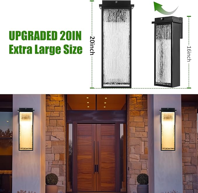 20" Extra Large Dusk to Dawn LED Outdoor Light 2 Packs, Black Modern Exterior Lighting Fixtures, Outside Porch Lights Wall Mount, Mid-Century Wall Lantern with Rippled Glass Patio Sconce Lamp
