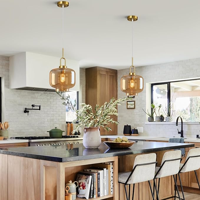 Cognac Glass Pendant Lights Kitchen Island Gold Pendant Light Fixtures Adjustable Height Modern Pendant Lighting for Bedroom Dining Room (9.06 in 1-Pack)