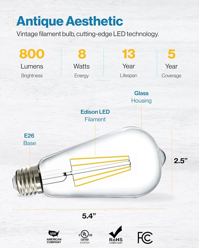 Sunco 100 Pack Edison Bulbs LED ST64, Clear Vintage Filament Waterproof Bulb, 800 LM, 8W (60W Equivalent), ST19, 3000K Warm White, E26 Medium Base, Decorative Dimmable UL