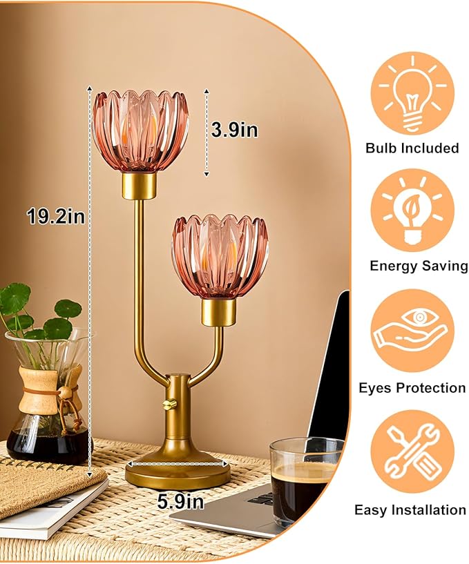 Lightdot Mid Century Modern Glass Table Lamp Gold Dimmable U-Shaped Desk Lamps with Deep Red Glass Shade& 2Pcs 3000K Warmwhite Bulbs Included Bedside Nightstand Lamp for Living Room Bedroom