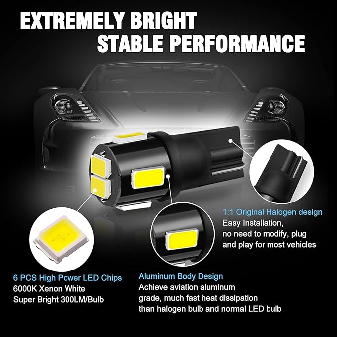 194 LED Bulbs 6000K Xenon White Extremely Bright 5630 Chipsets T10 168 2825 175 W5W LED Replacement Bulbs for Car Interior Dome Map Door Courtesy License Plate Lights (Pack of 10)