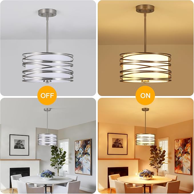 12.6'' Brushed Nickel Drum Chandelier, 3-Lights Hanging Dining Room Light Fixtures Over Table, Simple Round Pendant Lighting for Kitchen Island Hallway Bedroom Foyer Bathroom Office
