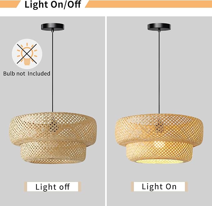 Bamboo Pendant Light, 13.8inch Hand-Woven Wicker Rattan Bamboo Chandelier, 2-Tier Beige Boho Rustic Island Dining Ceiling Hanging Light for Living Room, Kitchen, Farmhouse, Bedroom