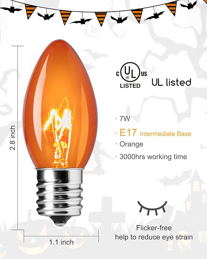 Brightown 25 Pack C9 Halloween Orange Lights, C9 Replacement Light Bulb for Halloween String Lights, E17 Intermediate Base, 7 Watt, Orange