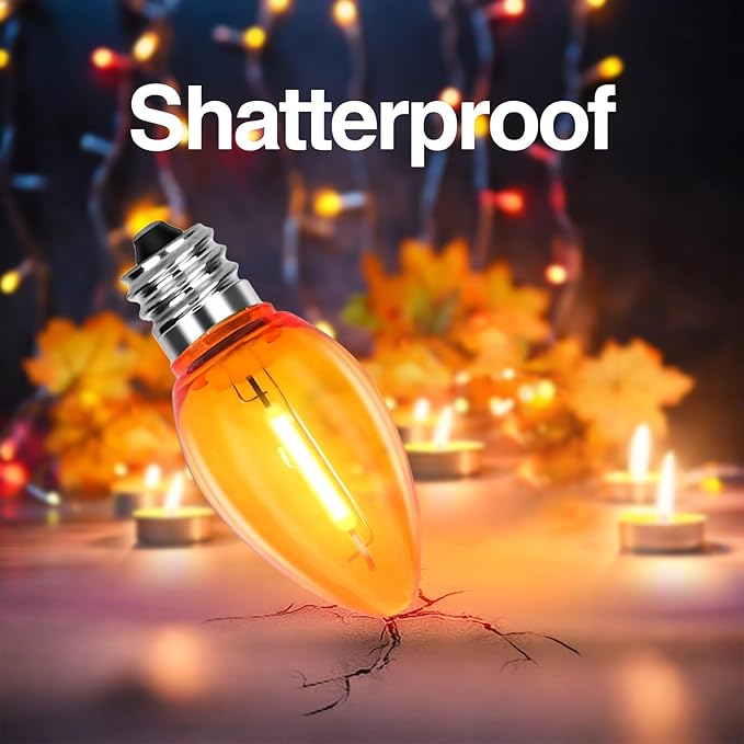C7 Replacement Bulbs, 25 Pack Halloween Orange LED Bulbs, 0.6W E12 Base for Indoor Outdoor Christmas String Lights, Patio, Party Decor