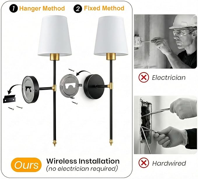 Wall Sconces Battery Operated Set of 2, Rechargeable Wall Sconce, 10 Colors Wireless Wall Sconces Set of Two, 5200mAh Dimmable Bulbs and Remote, for Bedroom Living Room, Hallway (Gold-Black - 24 inch)