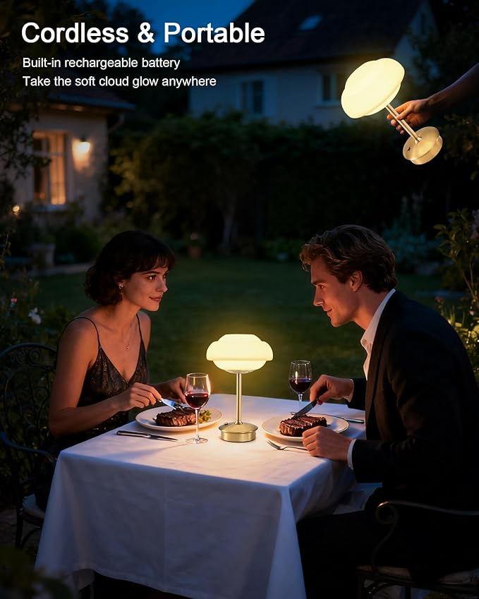 9" Mini Cordless Table Lamp with Cloud-Shaped, Small Rechargeable Battery Operated Lamps, 3-Way Touch Dimmer, Portable Brass Bedside Night Light for Restaurant Dining Kitchen Bathroom Patio Side Table