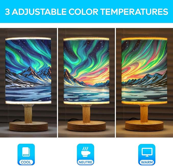Aurora Night in The Polar Region Table Lamp LED 3-Color Pressed Bedside, Aurora Night in The Polar Region Shade Lamp with Wood Base for Bedroom Living Room Desk Office TL01