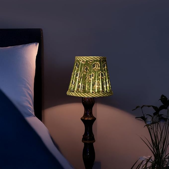 Ridhi Block Print Basil Green Lamp Shade 4" Top x 5" Bottom x 6" Slant Handmade Pleated Cotton Lampshade, Fits E26/E27 Base Table Lamps Boho Vintage Decorative For Bedroom, Living Room