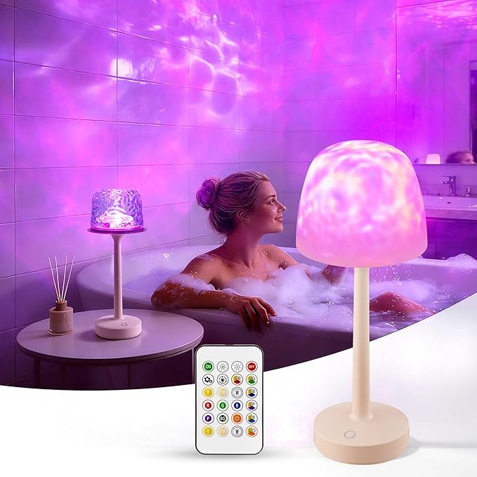 Waterproof Shower Lamp with Ocean Wave Projector for Bathroom, Cordless Rechargeable Bath Light with 16 Color Changing,Table Lamp with Soft 360˚Glow for Bathtub, Night Shower & Relaxing Dating