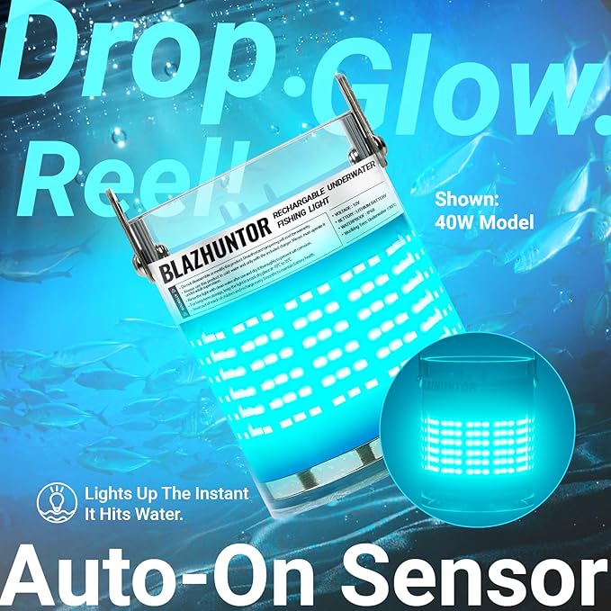 Rechargeable Underwater Fishing Light,Auto On in Water,Multi-Color Options, Up to 16000lm, IP68 Waterproof,No External Power,Cordless,Night Boat Dock Ice Fishing