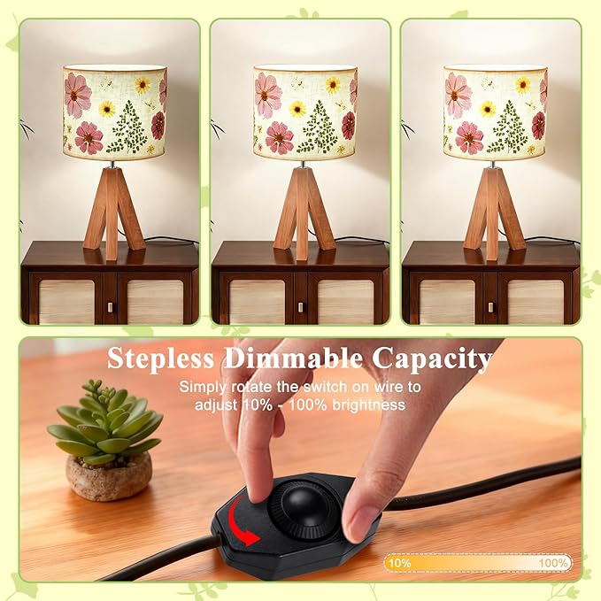 Dried Flowers Tripod Table Lamp 14.56in, 9W LED Dimmable Cute Bedside Lamp with Flowers Linen Lampshade for Nursery, Bedroom, Kid Room, Living Room, Light Brown Wooden Base