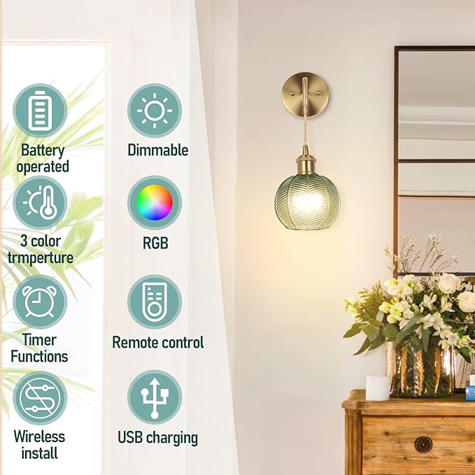 Battery Operated Wall Sconce, Wireless Wall Sconces Decor Set of 2 with RGB Color Changing Dimmable, Wall Sconces Set of Two with Remote, Vintage Wall Lamp for Bedroom Living Room etc