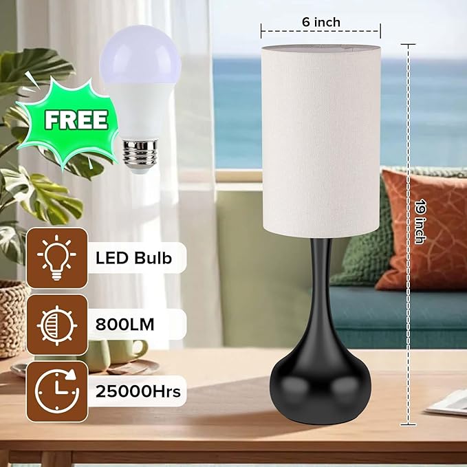Touch Droplet Table Lamp for Nightstand, 3-Way Dimmable, No Assembly Required, Mid Century Modern Small Black Bedside Lamp for Bedroom, Living Room, Office