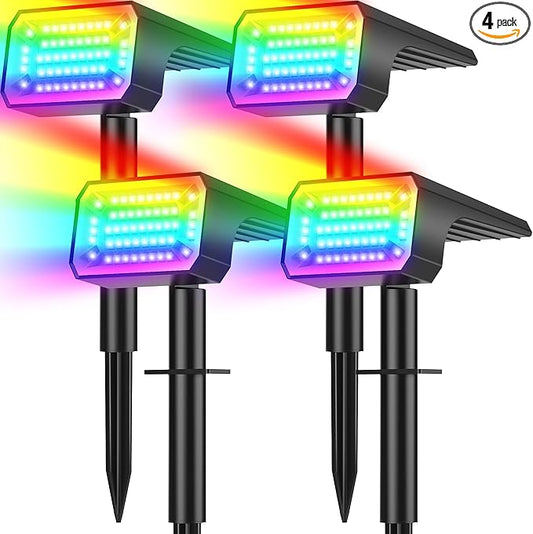 Solar Color Changing Spot Lights Outdoor Waterproof IP68, [4 Pack/32 LED/7 Modes] 2-in-1 Landscape Spotlights, Auto On/Off Solar Powered Flood Lights for Outside Yard Garden Pathway Walkway