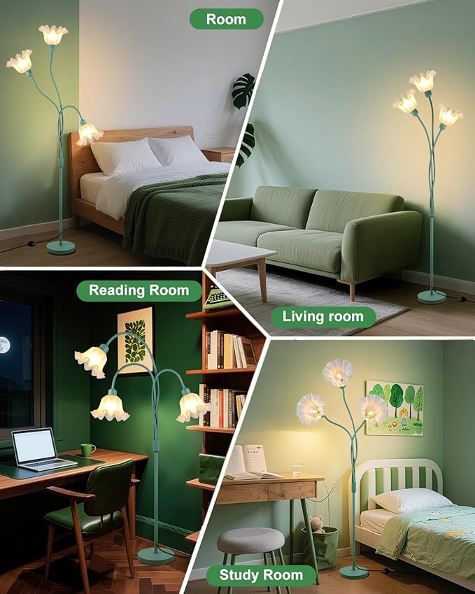 Flower Floor Lamp for Living Room, Modern Tree Floor Lamp with Adjustable Heads, 3 Light 3000K Soft Warmwhite Mid Century Standing Tall Lamp for Bedroom Kids Room-Green
