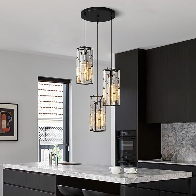 Black Pendant Lighting Modern Pendant Light, Mini Crystal Chandeliers,Adjustable Pendant Light Fixture for Kitchen Island Dinning Room Bedroom (3 Light)