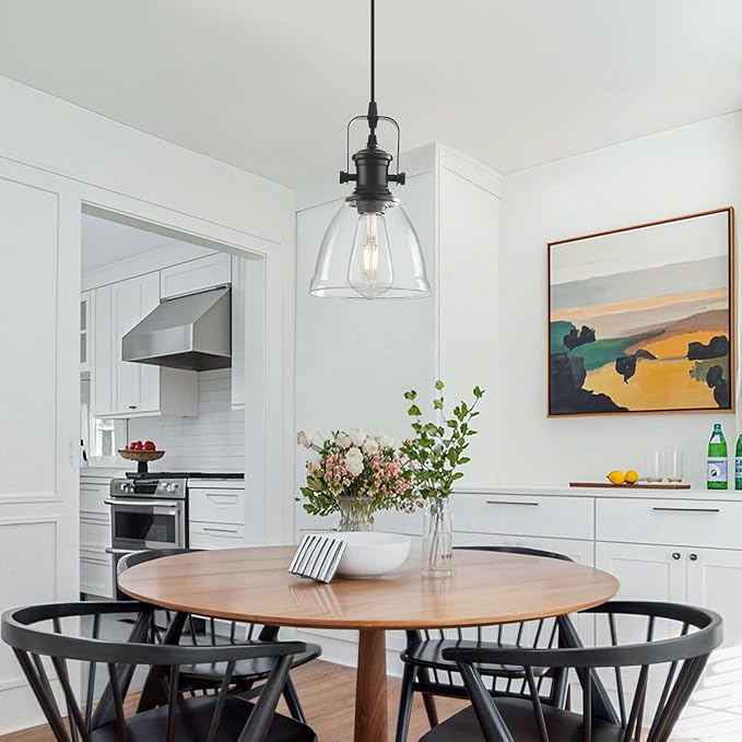 Black Pendant Lights Kitchen Island 2 Pack, Farmhouse Pendant Light, Industrial Clear Glass Pendant Light, 6.5 inches Kitchen Pendant Lighting Over Island Sink Dining Room