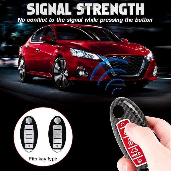Xotic Tech Smart Key Fob Shell Full Cover Case w/Keychain Compatible with Nissan Maxima Murano Altima GT-R 370Z Rogue or Infiniti JX35 Q50 Q60 Q70 QX60, Carbon Fiber ABS Silicone Night-Luminous Red