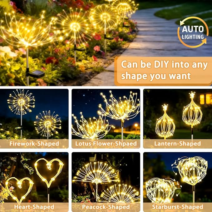 Solar Firework Lights for Outside, 150 LED 8 Modes Fireworks Solar Fairy Lights Outdoor Flowers for Garden Yard Patio Pathway Wedding Christmas Diwali Easter Party Decor Warm White(4 Pack)