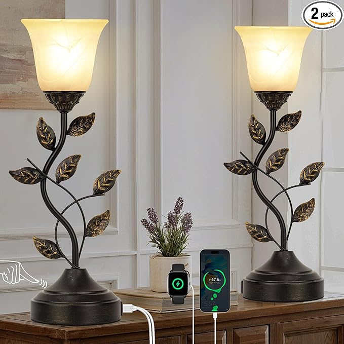 Bedside Lamps Set of 2, 20 Inch Retro Style Table Lamp for Bedroom Touch Control 3-Way Dimmable with USB C+A Charging Ports, Torchiere Lamps for Night Stands Metal Leaf and Glass Shade, Bulbs Included