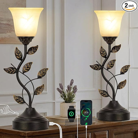 Bedside Lamps Set of 2, 20 Inch Retro Style Table Lamp for Bedroom Touch Control 3-Way Dimmable with USB C+A Charging Ports, Torchiere Lamps for Night Stands Metal Leaf and Glass Shade, Bulbs Included