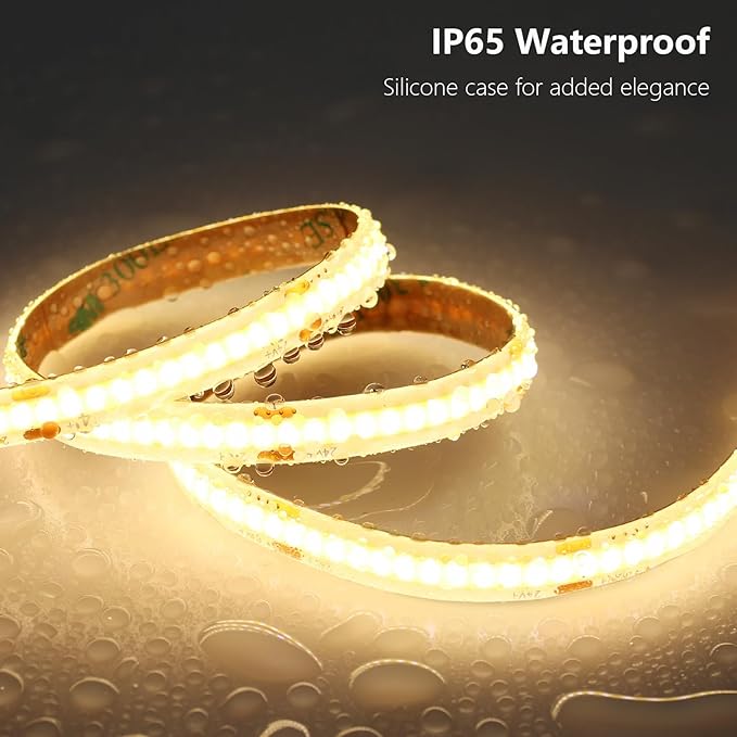 24V COB LED Strip Light Outdoor Waterproof 65.6ft (2 Rolls of 32.8ft), 3000K Warm White 11W/M 312LEDs/M CRI 93 LED Tape Light with Power Supply for Bedroom Courtyard Living Room Ceiling