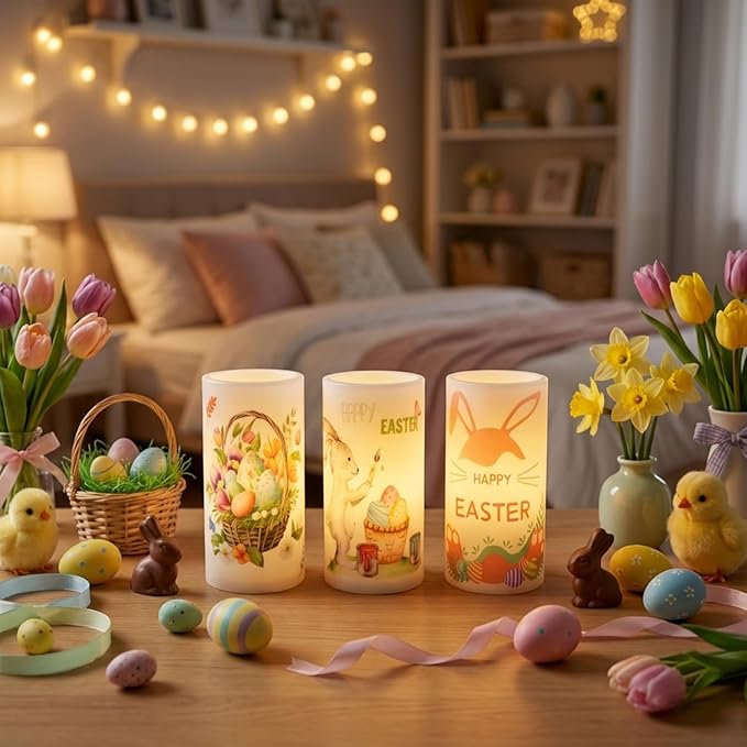 3PCS Easter Flameless Candles with Remote Control,Happy Easter Bunny Flower Rabbit Spring LED Candle Battery Operated for Easter Theme Party Home Decor