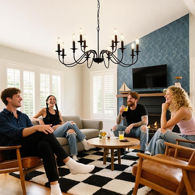 Depuley Farmhouse Chandelier for Dining Room: Antique 12-Light Candle Chandelier Industrial Hanging Ceiling Light Fixture for Kitchen - Black Rustic Vintage Iron Chandeliers for Living Room