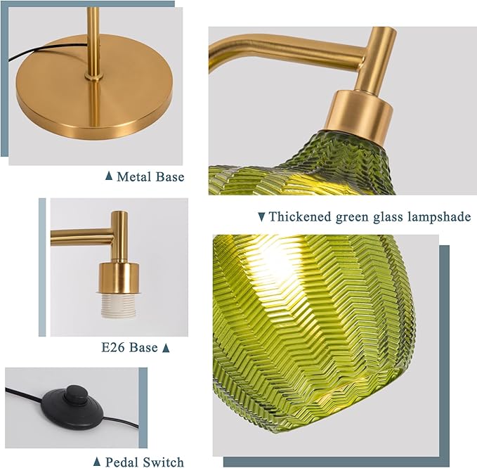 Gold Floor Lamp for Living Room, Modern Standing Lamp with Remote, 3CCT Dimmable Stained Glass Tall Lamp with Green Lampshade, Mid Century Vintage Floor Lamps for Bedroom, Study Room (Green)