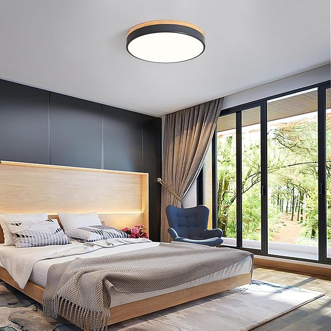 Dimmable Wood LED Close to Ceiling Light, Modern 2700K-6000K 5CCT Round Grey Flush Mount Light Fixtures, Minimalist Ceiling Lamp for Living Room, Dining Room, Bedroom, Kitchen-15.8in