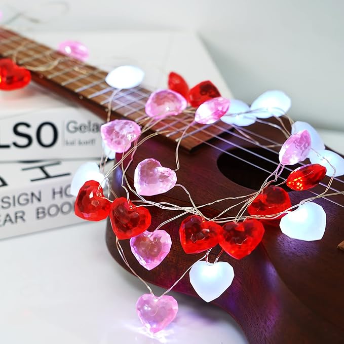 BOHON Valentine Day Decor 10 ft 30 LEDs 3D Heart Lights, Red White Pink Fairy String Lights with Remote Battery Operated, Valentines Decorations for The Home Bedroom Garland Wedding Indoor Timer