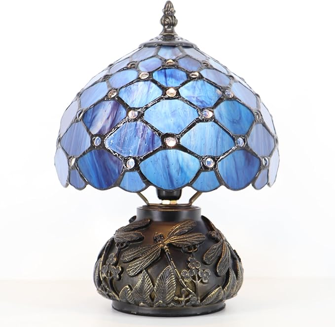 Small Tiffany Mushroom Table Lamp,Mini Memory Sympathy Antique lamp 8X11 Inch (Blue Beads)