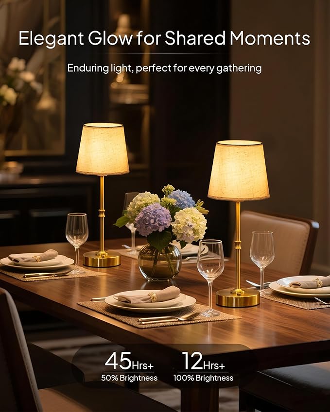 EppieBasic Cordless Table Lamp Rechargeable: Fast Charging & Long Lasting - 2700K Warm Light Vintage Gold Lamps - Dinning Living Room Bedroom - Linen Shade