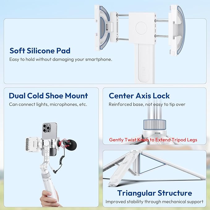 ULANZI TT88 Magnetic Tripod for iPhone 17, 57" Extendable Selfie Stick w Remote, 2-in-1 Phone Clip & Dual Cold Shoe Mounts-Lightweight Phone Tripod Stand for Vlogging, Travel, Video Recording, White