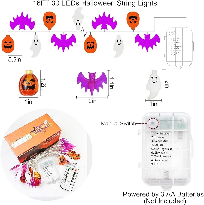 Halloween Lights Decor, 16 FT 30 LED 3D Pumpkin Bat Ghost Battery Operated String Lights with Timer - 8 Lighting Modes Fairy Lights for Home Door Porch Indoor Outdoor Party Decorations