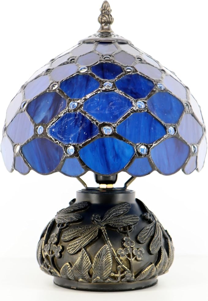 Small Tiffany Mushroom Table Lamp,Mini Memory Sympathy Antique lamp 8X11 Inch (Blue Beads)