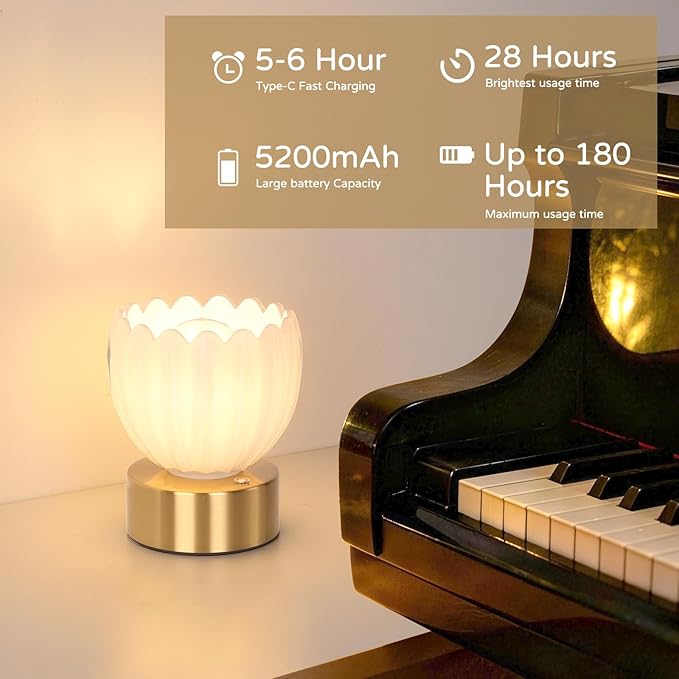 Cordless Small Table Lamp with 5200mAh Battery & Touch Control, Battery Operated Tulip Table Lamp with 3 Colors, Rechargeable Mini Table Lamps for Bedsides, Bedroom, Nightstand (White)