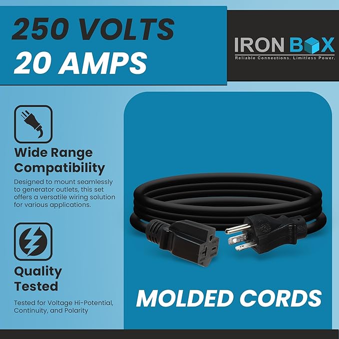 IronBox Electric - NEMA 6-20 Extension Cord - 12/3 SJT Jacket, 20A, 250V Extension Cord - Compatible with Any Generator Equipped with a 6-20 Receptacle - Heavy Duty Cable(Molded, 25 Foot)