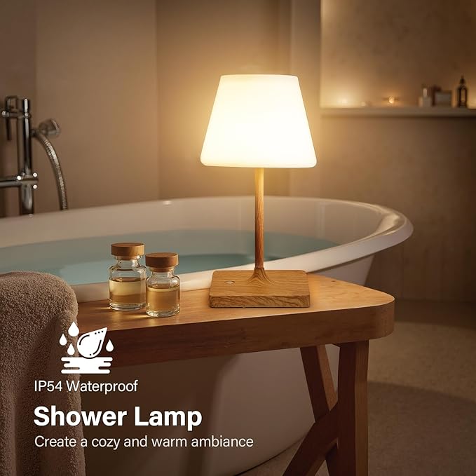 Cordless Table Lamp Waterproof,4000mAh Battery Rechargeable Desk Lamp for Indoor & Outdoor Use,3 Color-temps & Dimmable LED Night Light for Shower Bedroom Restaurant Bathroom Home 10.8"H- Wood Grain