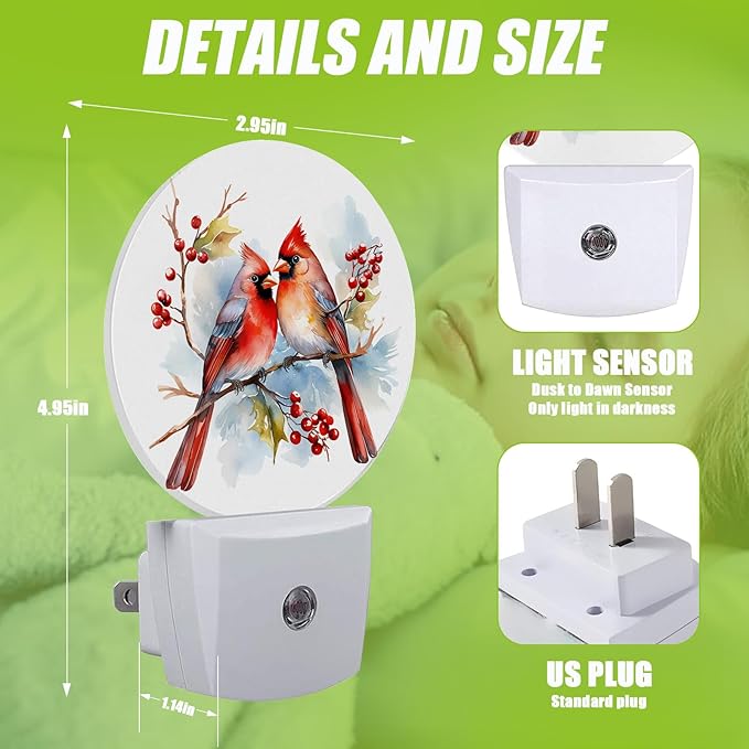 Red Cardinal Bird Night Light,Christmas Plug-in Night Lights with Dusk-to-Dawn Sensor for Bedroom Bathroom and Living Room Sleep Friendly lamp