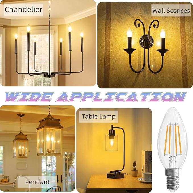 Candelabra Light Bulbs, 6W Equivalent to 60 watt,E12 LED Bulb Non-Dimmable 2700K Soft White, B10 LED Candle Bulbs, Chandelier Light Bulbs, 90+CRI, 600LM, Cear Glass, 24 Pack
