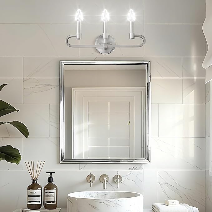 Farmhouse and Modern Bathroom Lighting Fixtures Over Mirror, 3 Light Brushed Nickel Bathroom Vanity Lights, Crystal Bathrooms Wall Sconces(Includes Bulb)